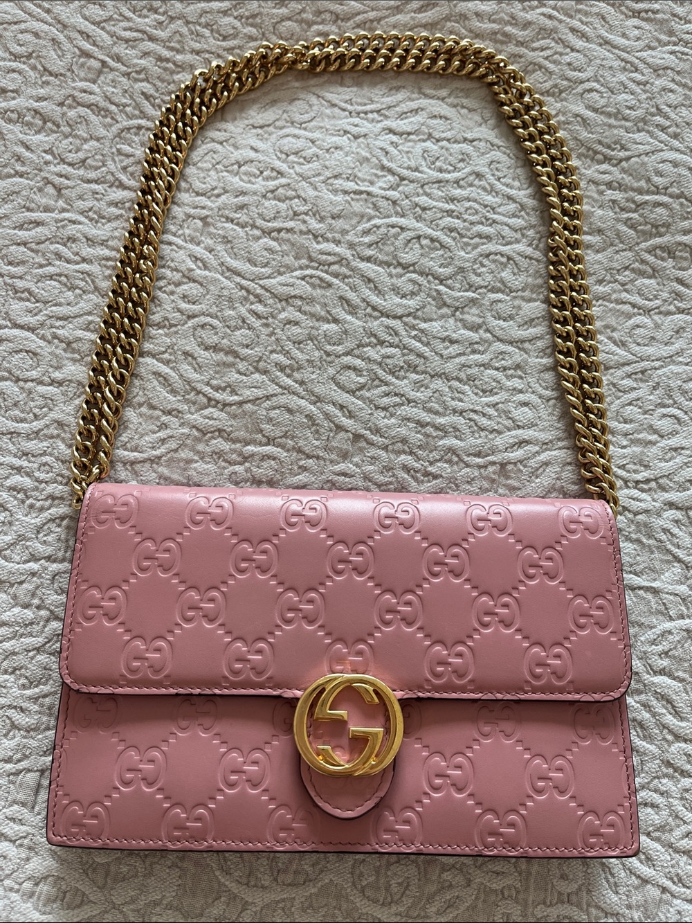 Gucci Guccissima Pink Leather Interlocking GG Chain Wallet